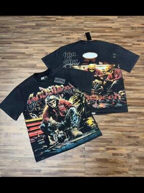 Black Graphic Mechanic Crewneck T‑Shirt with Red & Yellow Print